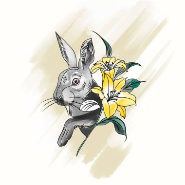 Karalama tarzında güzel tavşanlı suluboya zambaklar, dövme için çizimler.