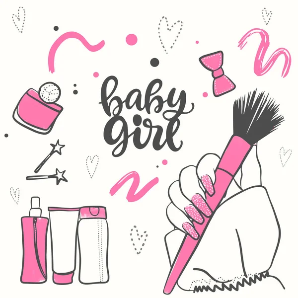 采购产品钉和化妆品 粉红的配件玩具娃娃的风格的涂鸦 时髦的指甲 — 图库矢量图片