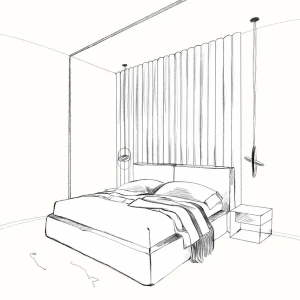 Disegno Matita Interior Design Camera Letto Schizzo Stile Moderno — Vettoriale Stock