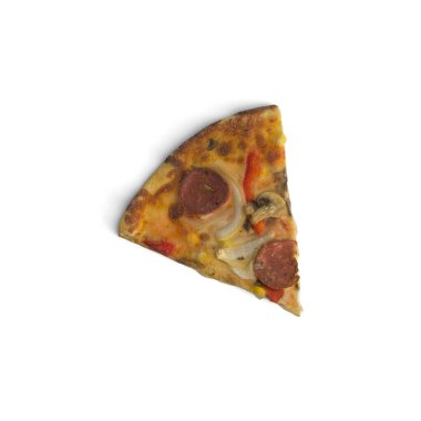 Beyaz arka planda izole edilmiş pizzadan dilimlenmiş.