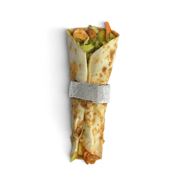Wrap food vertically placed a testy food photo on white background top view tied