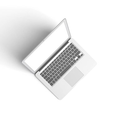Reklamlar için beyaz arkaplanda izole edilmiş boş ekranlı dizüstü bilgisayar açık açık gri