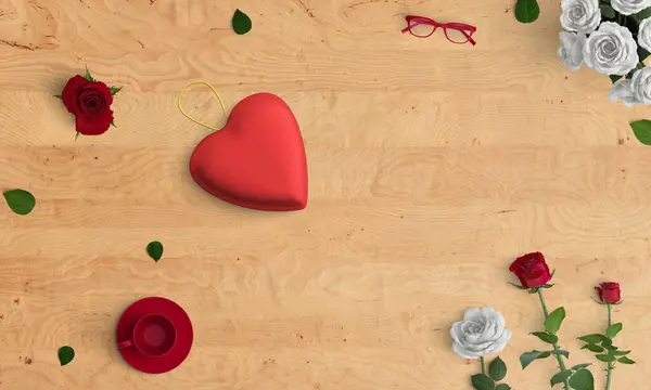 wooden love rose and top view valentine day special bannder and desktop wallpaper