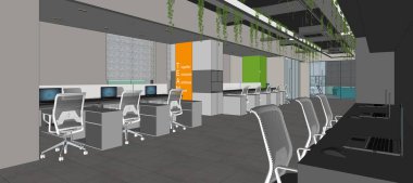 Masa başı ve oturma alanı düzenleme fikri ile kurumsal ofis iç tasarımı