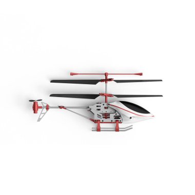 Beyaz yüzeyinde pervanesi olan küçük bir helikopter.