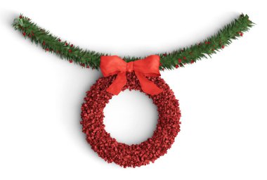 Beyaz arka planda kırmızı kurdeleli bir Noel çelengi.