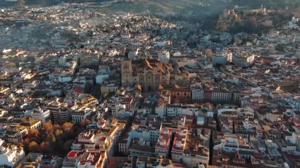 Légi Kilátás Granada Katedrális Napkeltekor Római Katolikus Templom Város Granada — Stock videók