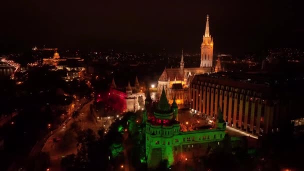 Création Vue Aérienne Église Matthias Bastion Des Pêcheurs Nuit Budapest — Video