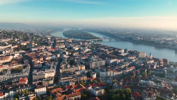 Budapest City Sunrise Skyline Aerial View Danube River Buda Side — Stock Video