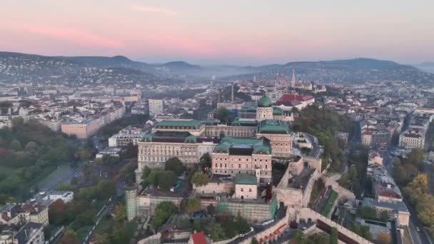 匈牙利首都布达佩斯与布达城堡 皇家宫殿和多瑙河的空中天际线景观 — 图库视频影像