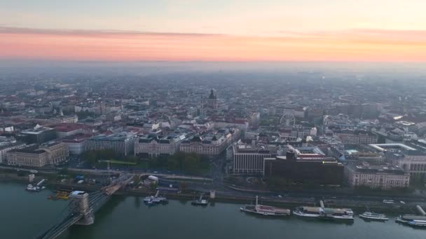 Letecký Pohled Panorama Budapešti Při Východu Slunce Maďarsko — Stock video