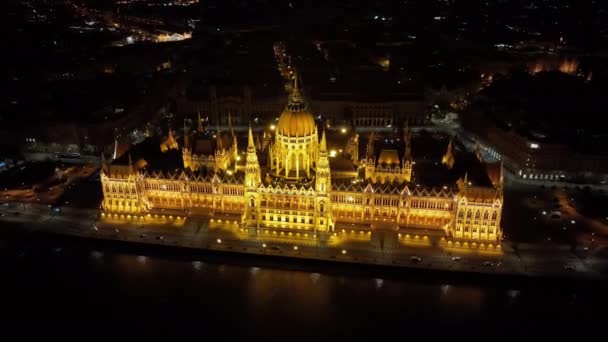 Widok Lotu Ptaka Budynek Węgierskiego Parlamentu Nocy Podróże Turystyka Europejski — Wideo stockowe