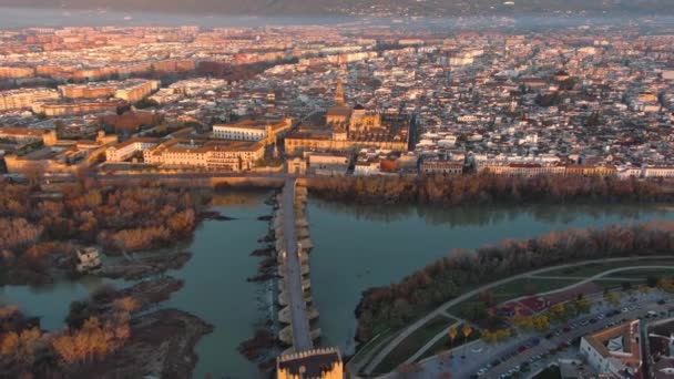 Pohled Shora Mešitu Katedrálu Cordobě Římský Most Přes Řeku Guadalquivir — Stock video