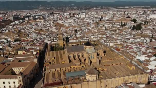 西班牙安达卢西亚Guadalquivir河古城科尔多瓦清真寺大教堂 罗马桥的空中景观 — 图库视频影像