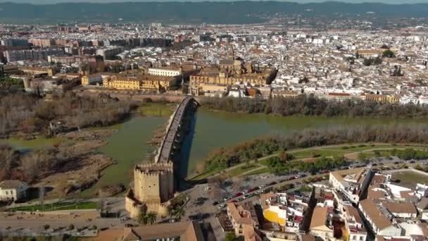Aerial View Mosque Cathedral Cordoba Roman Bridge Historic Town Guadalquivir — Stock Video