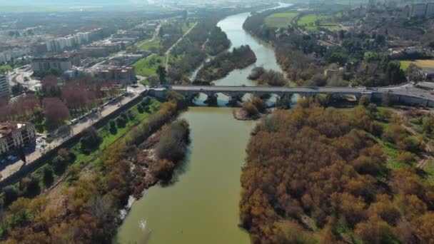 Αεροφωτογραφία Της Πόλης Cordoba Ποταμός Guadalquivir Γέφυρα San Rafael Ανδαλουσία — Αρχείο Βίντεο