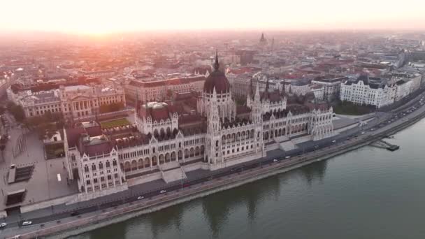 Vista Aérea Edifício Parlamento Budapeste Hungria Capital Cityscape Nascer Sol — Vídeo de Stock
