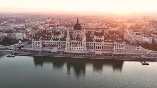 Widok Lotu Ptaka Budynek Parlamentu Budapesztu Węgry Stolica Cityscape Wschodzie — Wideo stockowe