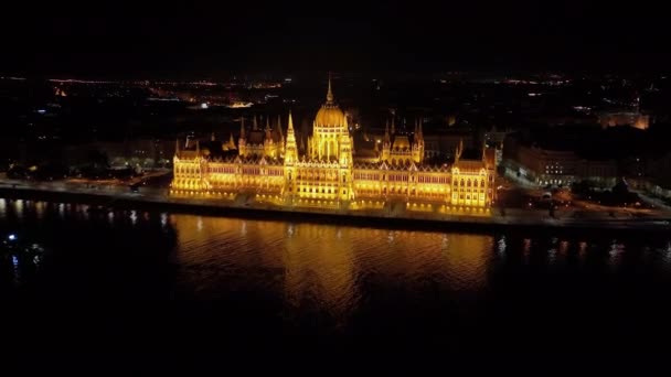 Aerial View Budapest Hungarian Parliament Building Night Travel Tourism European — Stock Video