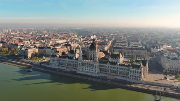 Widok Lotu Ptaka Budynek Parlamentu Węgierskiego Budapeszcie Węgry Stolica Cityscape — Wideo stockowe