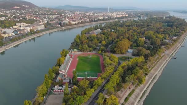 Flygfoto Över Budapests Stadssiluett Vid Soluppgången Ungern — Stockvideo