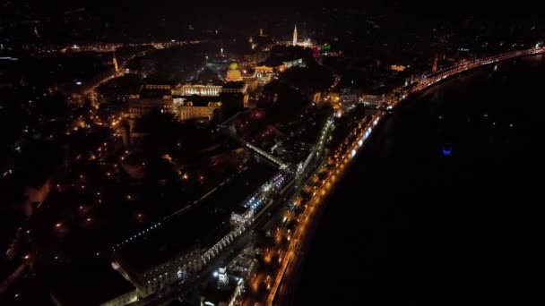 Aerial Night View Buda Castle Royal Palace Budapest City Hungary — Stock Video