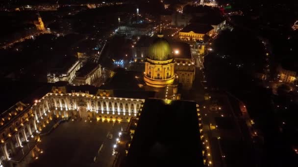 Vue Aérienne Nuit Palais Royal Château Buda Budapest Hongrie — Video