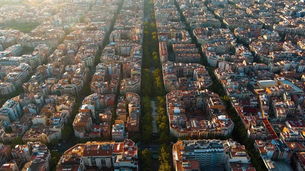 Barcelonas Stadssiluett Flygutsikt Eixample Bostadsområde Vid Soluppgången Katalonien Spanien Stadsbild — Stockfoto