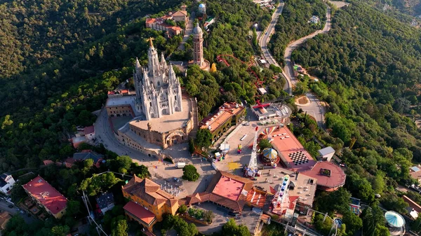 stock image Aerial view of Barcelona skyline with Sagrat Cor temple during a sunny day, Catalonia, Spain