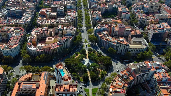 Aerial Birds Eye View Square Buildings Traffic Moving Barcelona Streets — Stock Photo, Image