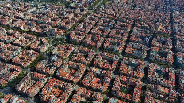조류의 눈에는 스페인 카탈루냐에 바르셀로나의 거리를 통과하는 네모난 교통량이 보인다 — 스톡 사진