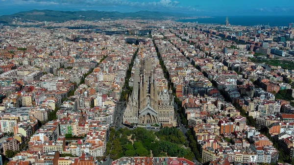 Aerial View Barcelona City Skyline Sagrada Familia Basilica Eixample Residential — Stock Photo, Image