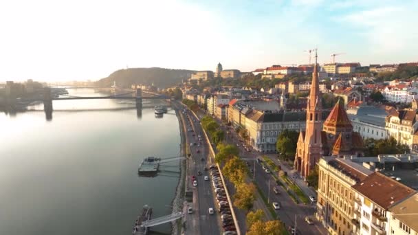 Budapest Stad Soluppgång Skyline Antenn Utsikt Donau Buda Sidan Ungern — Stockvideo