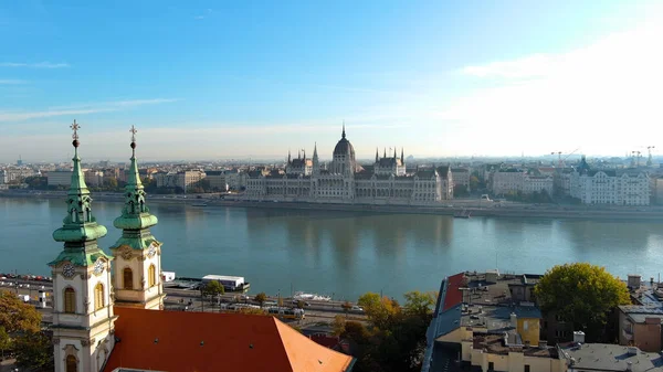 Widok Lotu Ptaka Budynek Parlamentu Węgierskiego Budapeszcie Węgry Stolica Cityscape — Zdjęcie stockowe