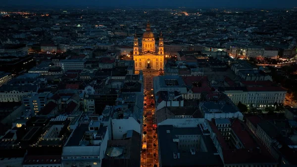 Luftaufnahme Der Stadt Budapest Und Der Stephansbasilika Bei Nacht Ungarn — Stockfoto