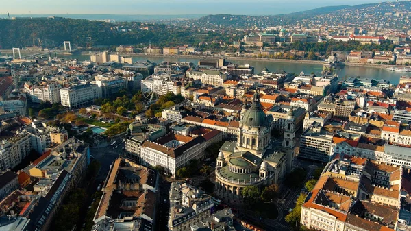 stock image Aerial view of Budapest city skyline and St Stephens Basilica at sunrise, Hungary