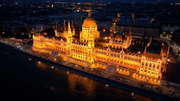 Вид Воздуха Здание Венгерского Парламента Будапешта Ночью Путешествия Туризм Европейские — стоковое фото