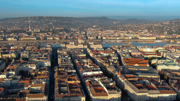 Aerial view of Hungarian Parliament Building in Budapest. Hungary Capital Cityscape at daytime. Tourism and European Political Landmark Destination