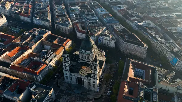 Prachtige Zonsopgang Luchtfoto Van Skyline Van Boedapest Stad Stephens Basiliek — Stockfoto