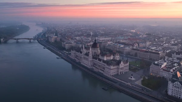 Vue Aérienne Parlement Hongrois Lever Soleil Avec Danube Budapest Hongrie — Photo