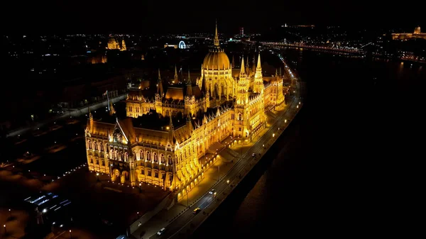 Vista Aérea Del Edificio Del Parlamento Húngaro Budapest Por Noche — Foto de Stock