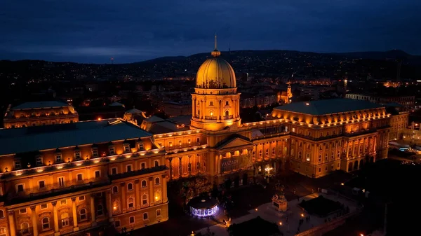 stock image Budapest Buda Castle Royal Palace Illuminated: A Stunning Aerial Night Perspective, Hungary