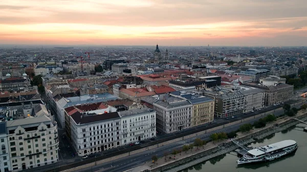 Lenyűgöző Napfelkelte Légi Felvétel Budapest Belvárosáról Szent István Bazilika Szent — Stock Fotó