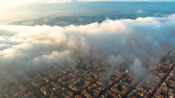 Aerial Drone Helicopter Barcelona City Dessus Des Nuages Brouillard Eixample — Photo