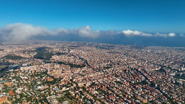 Aerial Drone Helicopter Barcelona City Skyline Por Encima Las Nubes — Foto de Stock