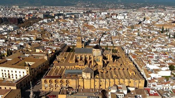 Widok Powietrza Katedrę Kordobie Most Rzymski Historyczne Miasto Rzeka Guadalquivir — Zdjęcie stockowe