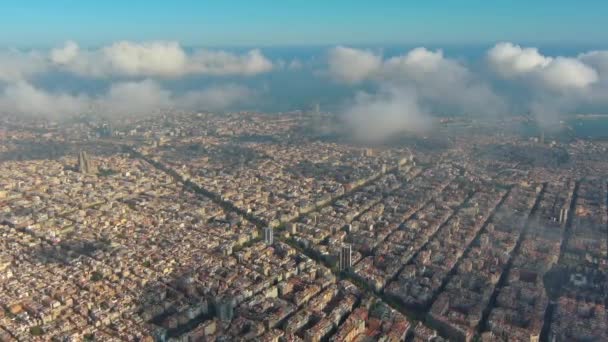 Aerial Drone Helicopter Barcelona City Clouds Fog Basilica Sagrada Familia — Stock Video
