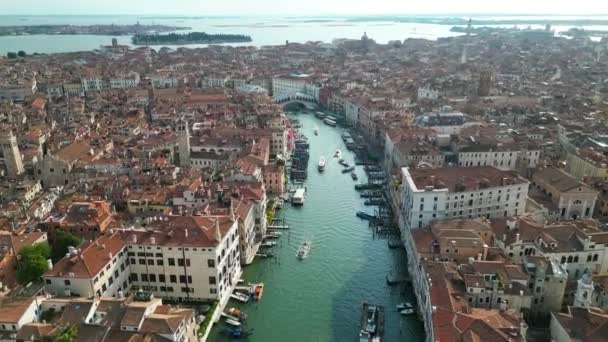 Venice Aerial View Rialto Bridge Crossing Grand Canal Venice Downtown — Stock Video