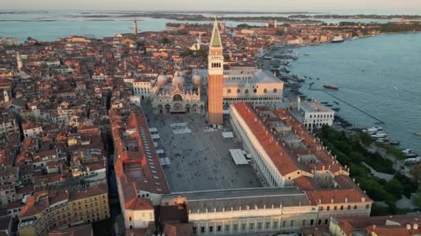 Venedik Şehrinin Ufuk Çizgisinin Havadan Görüntüsü Marks Meydanı Doges Sarayı — Stok video