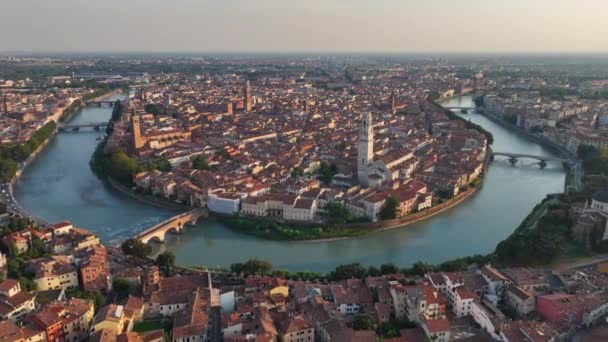Panorama Aereo Verona Italia Ponte Pietra Fiume Adige Centro Storico — Video Stock